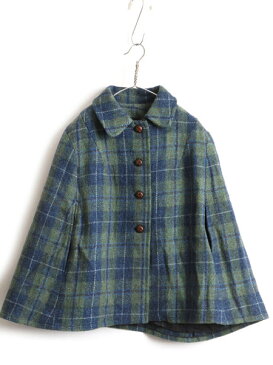 70s ビンテージ ■ Harris Tweed ハリスツイード チェック 襟付き ケープ ( レディース M ) ポンチョ ツイード ヘビー ウール ライナー付き| 中古 70年代 ポケット付き クルミボタン ストール ショートコート マント ブルー グリーン マルチカラー チェック柄 ヴィンテージ