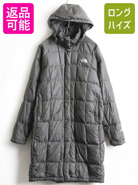 ■ ノースフェイス フルジップ 脱着 フード付き 600フィル ダウン ロング コート ( 女性 レディース L ) The North Face ダウンコート 灰| 中古 アウター ポケット付き ジップアップ ロングコート ダウンジャケット ナイロンジャケット チャコールグレー 濃灰 ワンポイント