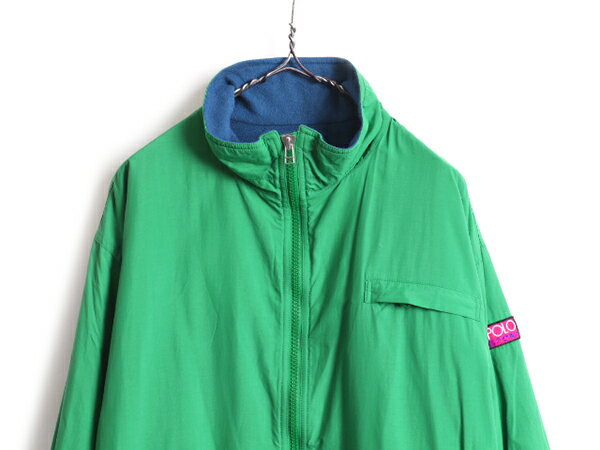【27日ポイントアップ7倍!!】 90s 初期 POLO SPORT ■ ラルフローレン ポロスポーツ フルジップ 裏 フリース ナイロン ジャケット ( メンズ L ) ポロ 緑 ワンポイント| 中古 オールド アウター ナイロンジャケット ジャンパー ブルゾン グリーン ハイネック ワッペン ポケッ