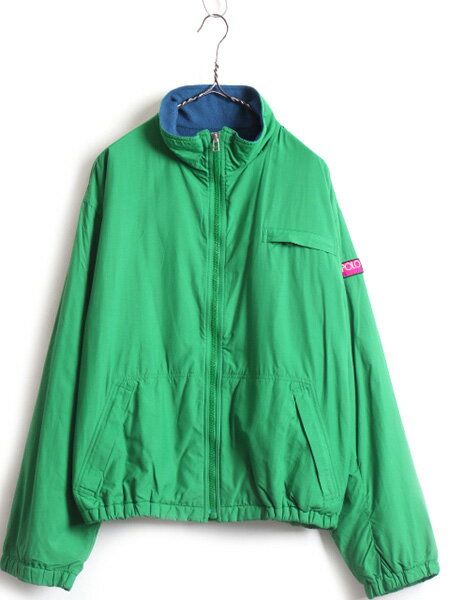 【27日ポイントアップ7倍!!】 90s 初期 POLO SPORT ■ ラルフローレン ポロスポーツ フルジップ 裏 フリース ナイロン ジャケット ( メンズ L ) ポロ 緑 ワンポイント| 中古 オールド アウター ナイロンジャケット ジャンパー ブルゾン グリーン ハイネック ワッペン ポケッ