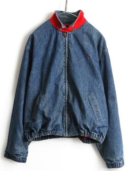 90's ■ POLO ポロ ラルフローレン フランネル ライナー付き デニム スイングトップ ジャケット ( メンズ 男性 L ) ジャンパー ポニー刺繍| 中古 RALPH LAUREN 90年代 オールド デニムジャケット Gジャン コットン ジージャン ワンポイント ネル ライナー ラルフ アメカジ