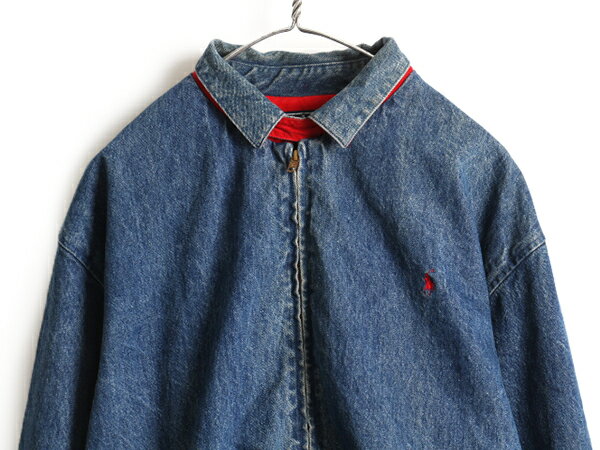 90's ■ POLO ポロ ラルフローレン フランネル ライナー付き デニム スイングトップ ジャケット ( メンズ 男性 L ) ジャンパー ポニー刺繍| 中古 RALPH LAUREN 90年代 オールド デニムジャケット Gジャン コットン ジージャン ワンポイント ネル ライナー ラルフ アメカジ