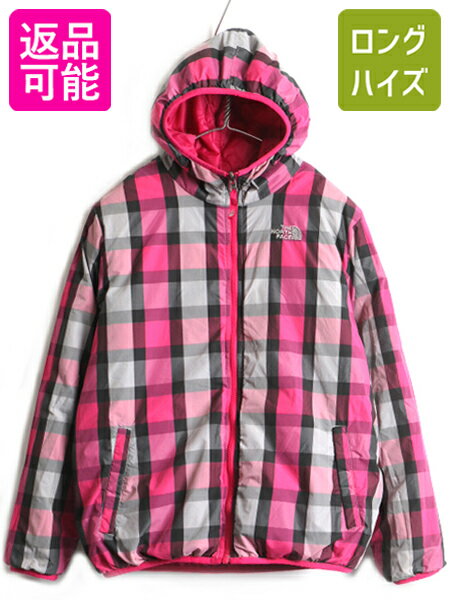 ガールズ XL 160cm レディース S 程■ ノースフェイス リバーシブル 550フィル ダウン パーカー ジャケット ( キッズ ) The North Face| 中古 アウター ポケット付き ダウンジャケット ナイロンジャケット フードパーカー ジャンパー ブルゾン チェック 柄 ピンク 子供服