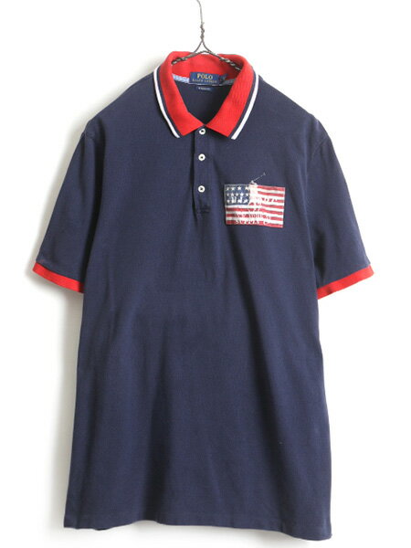 【26日ポイントアップ7倍!!】 ミドルポニー ■ POLO ポロ ラルフローレン 星条旗 ワッペン 鹿の子 半袖 ポロシャツ ( 男性 メンズ L ) 古着 半袖シャツ 紺 ステンシル | US古着 中古 RALPH LAUREN 半袖ポロシャツ ネイビー レッド ホワイト ライン入り プリント ラルフ クラ