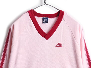 【8/25 6h限定 10倍!】 80's USA製 ビンテージ 紺タグ ■ NIKE ナイキ ライン入り Vネック スウェット ( レディース M 小さめ S 程) 古着 80年代 トレーナー 女性| US古着 中古 アメリカ製 スエット ピンク スウッシュ スウォッシュ ロゴ ワンポイント 裏起毛 ヴィンテージ