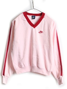 【8/25 6h限定 10倍!】 80's USA製 ビンテージ 紺タグ ■ NIKE ナイキ ライン入り Vネック スウェット ( レディース M 小さめ S 程) 古着 80年代 トレーナー 女性| US古着 中古 アメリカ製 スエット ピンク スウッシュ スウォッシュ ロゴ ワンポイント 裏起毛 ヴィンテージ