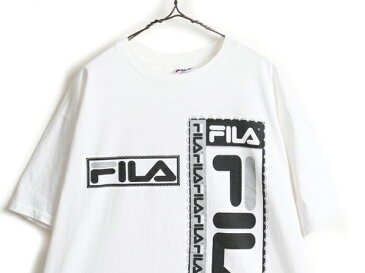 90s USA製 大きいサイズ XL ■ フィラ FILA ビッグ ロゴ 両面 プリント 半袖 Tシャツ ( メンズ ) 古着 90年代 半袖Tシャツ プリントT 白 黒| US古着 中古 アメリカ製 オールド モノトーン ホワイト ブラック ロゴT ロゴTシャツ クルーネック プリントTシャツ オーバーサイズ