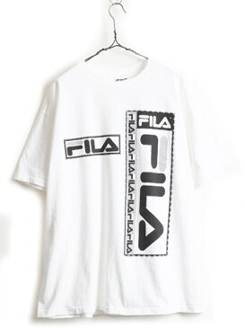 90s USA製 大きいサイズ XL ■ フィラ FILA ビッグ ロゴ 両面 プリント 半袖 Tシャツ ( メンズ ) 古着 90年代 半袖Tシャツ プリントT 白 黒| US古着 中古 アメリカ製 オールド モノトーン ホワイト ブラック ロゴT ロゴTシャツ クルーネック プリントTシャツ オーバーサイズ