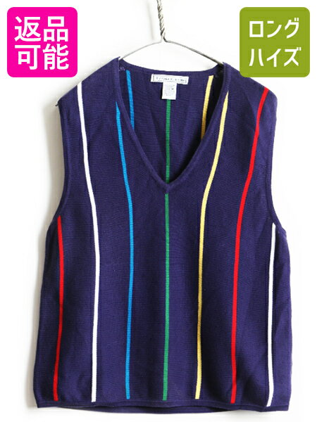 【7/25 P12倍!!24時間限定!!】 ■ IZOD CLUB ラコステ マルチカラー ストライプ Vネック コットン ニット ベスト ( レディース M ) 古着 ニットベスト セーター 重ね着 紺| US古着 中古 女性 LACOSTE ノースリーブ アイゾッド クラブ コットンニット プルオーバー ネイビ
