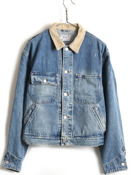 90's 白タグ ■ POLO ポロ ラルフローレン 襟 コーデュロイ ビッグ 星条旗 パッチ デニム ジャケット ( メンズ M ) 古着 90年代 ジージャン| 中古 オールド RALPH LAUREN ラルフ Gジャン デニムジャケット 4ポケット ガチャポケ ジャンパー ブルゾン 青 アメカジ 男性 切替