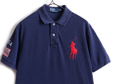 【36h限定 ポイント3倍】 ビッグポニー ■ アメリカ代表 POLO ポロ ラルフローレン 星条旗 鹿の子 半袖 ポロシャツ ( 男性 メンズ M ) 古着 半袖シャツ ネイビー 紺| US古着 中古 RALPH LAUREN ラルフ 半袖ポロシャツ USA 代表モデル ポニー刺繍 ロゴ トップス アメカジ コ