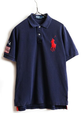 【36h限定 ポイント3倍】 ビッグポニー ■ アメリカ代表 POLO ポロ ラルフローレン 星条旗 鹿の子 半袖 ポロシャツ ( 男性 メンズ M ) 古着 半袖シャツ ネイビー 紺| US古着 中古 RALPH LAUREN ラルフ 半袖ポロシャツ USA 代表モデル ポニー刺繍 ロゴ トップス アメカジ コ