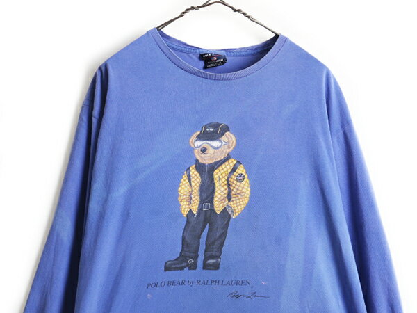90's オールド ■ POLO SPORT ポロスポーツ ラルフローレン ポロベア プリント 長袖 Tシャツ ( 男性 メンズ L ) 古着 90年代 ロンT ポロ 青| US古着 中古 RALPH LAUREN ラルフ 長袖Tシャツ コットン ブルー クルーネック カットソー プリントT プリントTシャツ アメカジ 紺