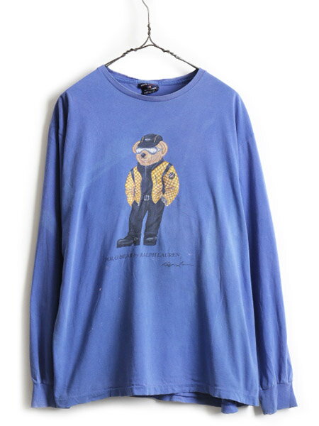 90's オールド ■ POLO SPORT ポロスポーツ ラルフローレン ポロベア プリント 長袖 Tシャツ ( 男性 メンズ L ) 古着 90年代 ロンT ポロ 青| US古着 中古 RALPH LAUREN ラルフ 長袖Tシャツ コットン ブルー クルーネック カットソー プリントT プリントTシャツ アメカジ 紺