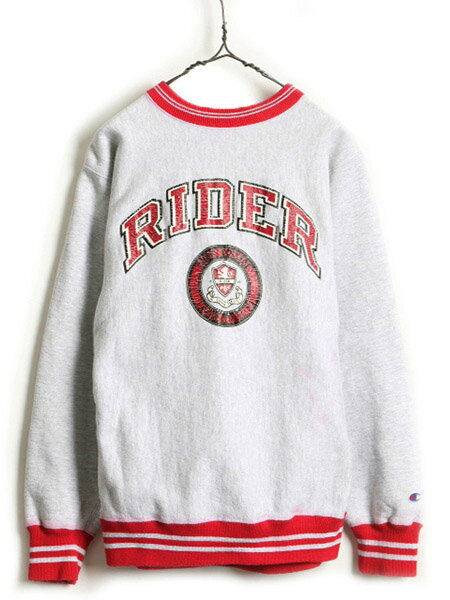 【7/30 24h限定 5倍!】 90s USA製 ■ Champion チャンピオン カレッジ プリント リブライン リバースウィーブ スウェット ( メンズ L ) 古着 90年代 トレーナー 灰| 中古 男性 アメリカ製 オールド スエット 裏起毛 トリコタグ 霜降り グレー 赤 レッド 目つき 目あり クル