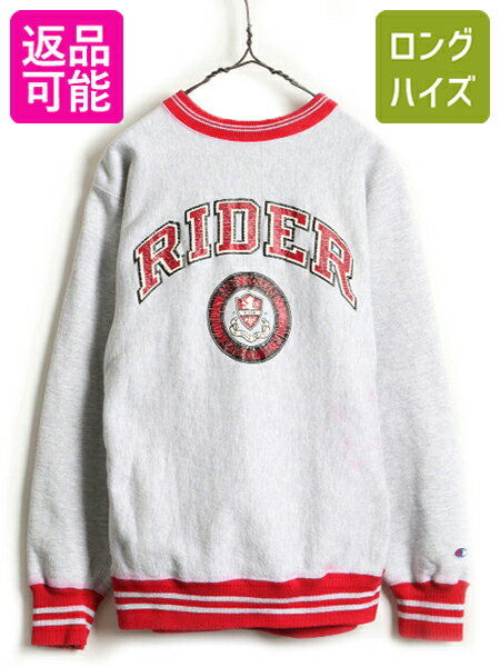 【7/30 24h限定 5倍!】 90s USA製 ■ Champion チャンピオン カレッジ プリント リブライン リバースウィーブ スウェット ( メンズ L ) 古着 90年代 トレーナー 灰| 中古 男性 アメリカ製 オールド スエット 裏起毛 トリコタグ 霜降り グレー 赤 レッド 目つき 目あり クル