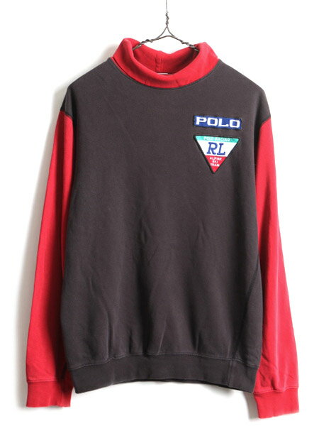 90's グリーンタグ ボーイズ L メンズ S 程■ POLO ポロ ラルフローレン 2トーン ALPINE SKI TEAM タートルネック 長袖 Tシャツ 古着 RL92| US古着 中古 90年代 オールド RALPH LAUREN ラルフ ワッペン付き 長袖Tシャツ 黒 赤 バイカラー パッチ RACING ロンT アメカジ