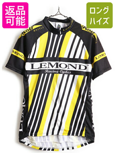 ■ LEMOND レモンド プルオーバー 半袖 サイクル ジャージ ( メンズ S M 程) 古着 サイクリング ウエア 自転車 サイクルウェア 企業ロゴ| 中古 ポケット付き サイクルウェア トライアスロン ロードバイク ストレッチ ブラック イエロー ホワイト ストライプ 黒 白 黄色