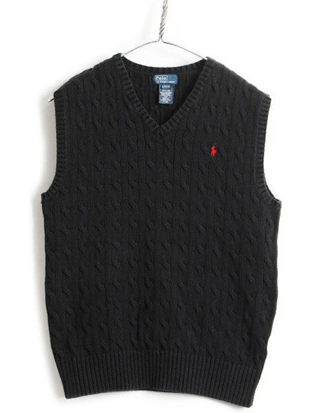 人気 黒 ボーイズ L メンズ レディース S 程■ POLO ポロ ラルフローレン Vネック コットン ケーブル ニット ベスト 古着 ワンポイント| US古着 中古 アメカジ RALPH LAUREN ラルフ ニットベスト コットンベスト ケーブルニット ポニー刺繍 ブラック 重ね着 無地