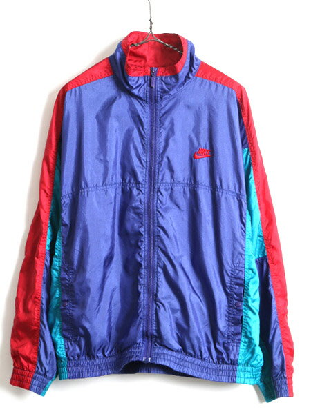 【8/25 6h限定 ポイント9倍!!】 90's 初期 銀タグ ■ NIKE ナイキ フルジップ トリコカラー 切替 ナイロン ジャケット ( メンズ M ) 古着 90年代 ジャンパー スウォッシュ| US古着 中古 オールド ナイロンジャケット スウッシュ ブルゾン ウインドブレーカー ワンポイント