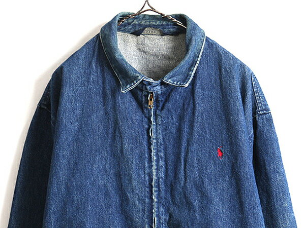 80's USA製 ビンテージ ■ POLO ポロ ラルフローレン ポニー 刺繍 デニム スイングトップ ジャケット ( 男性 メンズ XL ) 古着 ジャンパー| US古着 中古 RALPH LAUREN 80年代 アメリカ製 ワンポイント ロゴ ブルゾン フルジップ デニムジャケット ジージャン 濃紺 アメカジ
