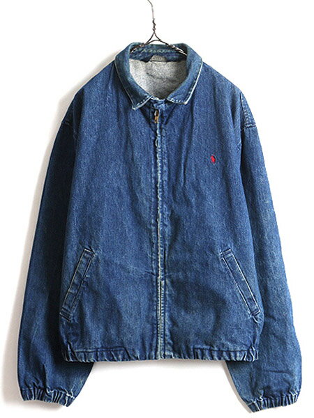 80's USA製 ビンテージ ■ POLO ポロ ラルフローレン ポニー 刺繍 デニム スイングトップ ジャケット ( 男性 メンズ XL ) 古着 ジャンパー| US古着 中古 RALPH LAUREN 80年代 アメリカ製 ワンポイント ロゴ ブルゾン フルジップ デニムジャケット ジージャン 濃紺 アメカジ