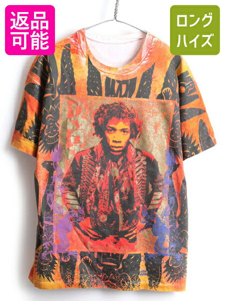 90's ★ Jimi Hendrix ジミ ヘンドリックス 大判 総柄 プリント 半袖 Tシャツ ( メンズ 男性 L ) 古着 90年代 モスキートヘッド Winterland| US古着 中古 オールド ジミヘン 半袖Tシャツ 総柄Tシャツ 総柄 プリントTシャツ カットソー クルーネック オレンジ mosquito headのサムネイル