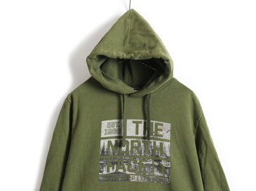 【10/8 マラソン7倍!】 ■ ノースフェイス ビッグロゴ プリント スウェット フード パーカー ( メンズ L )古着 The North Face トレーナー スエット カーキ 裏起毛| 古着 中古 男性 アメカジ スウェットパーカー プリントパーカー ロゴパーカー プルオーバー アウトドア オ