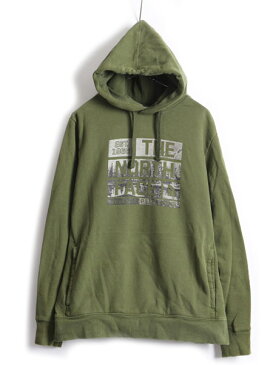 【10/8 マラソン7倍!】 ■ ノースフェイス ビッグロゴ プリント スウェット フード パーカー ( メンズ L )古着 The North Face トレーナー スエット カーキ 裏起毛| 古着 中古 男性 アメカジ スウェットパーカー プリントパーカー ロゴパーカー プルオーバー アウトドア オ