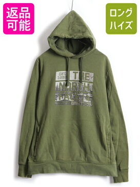 【10/8 マラソン7倍!】 ■ ノースフェイス ビッグロゴ プリント スウェット フード パーカー ( メンズ L )古着 The North Face トレーナー スエット カーキ 裏起毛| 古着 中古 男性 アメカジ スウェットパーカー プリントパーカー ロゴパーカー プルオーバー アウトドア オ