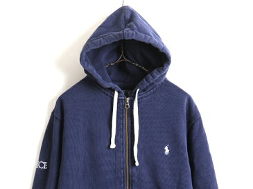 ■ POLO ポロ ラルフローレン サイドパネル付き フルジップ スウェット フード パーカー ( 男性 メンズ L ) 古着 トレーナー ポニー刺繍 紺| US古着 中古 RALPH LAUREN ラルフ 裏起毛 スエット サーマル ライナー付き ワンポイント ネイビー スウェットパーカー 無地