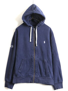 ■ POLO ポロ ラルフローレン サイドパネル付き フルジップ スウェット フード パーカー ( 男性 メンズ L ) 古着 トレーナー ポニー刺繍 紺| US古着 中古 RALPH LAUREN ラルフ 裏起毛 スエット サーマル ライナー付き ワンポイント ネイビー スウェットパーカー 無地