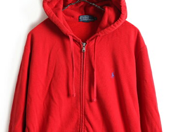 90's ■ POLO ポロ ラルフローレン サイドパネル フルジップ スウェット フード パーカー ( 男性 メンズ L ) 古着 トレーナー ワンポイント| 中古 90年代 ラルフ オールド RALPH LAUREN ポニー刺繍 ワンポイント スウェットパーカーフードパーカー ジップパーカー 裏起毛 赤