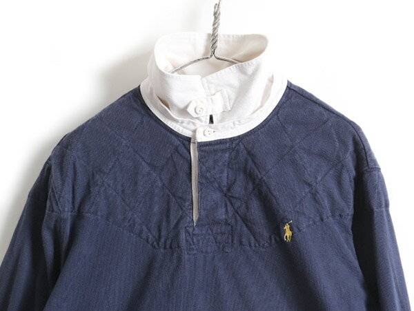 【9/5 24h限定12倍!!】 90s 大きいサイズ XL ■ POLO ポロ ラルフローレン キルティング 補強 エルボーパッチ付き 長袖 ラガーシャツ ( メンズ ) 古着 ラグビー 紺| 中古 男性 90年代 オールド RALPH LAUREN ラルフ 長袖シャツ 長袖ポロシャツ ラグビーシャツ チンストラッ