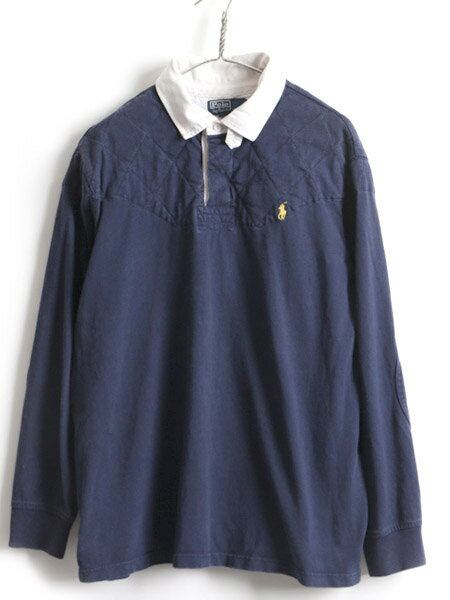 【9/5 24h限定12倍!!】 90s 大きいサイズ XL ■ POLO ポロ ラルフローレン キルティング 補強 エルボーパッチ付き 長袖 ラガーシャツ ( メンズ ) 古着 ラグビー 紺| 中古 男性 90年代 オールド RALPH LAUREN ラルフ 長袖シャツ 長袖ポロシャツ ラグビーシャツ チンストラッ