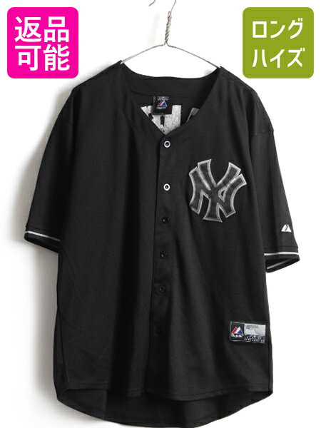 MLB オフィシャル 人気 黒 ■ Majestic ニューヨーク ヤンキース 半袖 ベースボール シャツ (50 メンズ XL 程) 古着 ゲームシャツ マントル| US古着 中古 男性 マジェスティック NEW YORK YANKEES MANTLE メジャーリーグ 大リーグ ベースボールシャツ 半袖シャツ ブラック