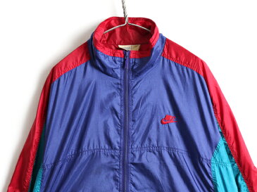 【8/25 6h限定 ポイント9倍!!】 90's 初期 銀タグ ■ NIKE ナイキ フルジップ トリコカラー 切替 ナイロン ジャケット ( メンズ L ) 古着 90年代 ジャンパー スウォッシュ| US古着 中古 オールド ナイロンジャケット スウッシュ ブルゾン ウインドブレーカー ワンポイント