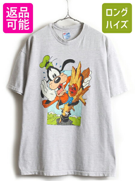 【7/18 ご愛顧感謝デー 最大4倍!】 90's USA製 大きいサイズ XL ■ ディズニー オフィシャル グーフィー プリント 半袖 Tシャツ ( メンズ レディース ) 古着 キャラクター 灰| US古着 中古 DISNEY 90年代 アメリカ製 オールド 半袖Tシャツ プリントT プリントTシャツ クルーのサムネイル