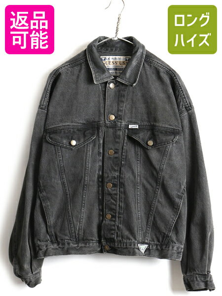 80's USA製 ビンテージ ■ ゲス GUESS 襟 本革レザー 切替 ブラック デニム ジャケット ( 男性 メンズ L ) 古着 ジージャン 80年代 3rd 黒| US古着 中古 デニムジャケット ブラックデニム トラッカー アメリカ製 4ポケット ワンポイント ロゴ刺繍 ビッグシルエット アメカジのサムネイル