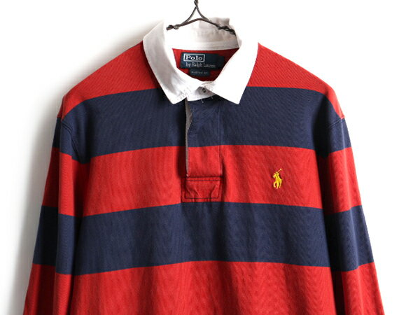 ■ POLO ポロ ラルフローレン 2トーン ボーダー 長袖 ラガーシャツ ( 男性 メンズ L ) 古着 赤 紺 ラグビー 長袖シャツ カスタムフィット| レディース US古着 中古 RALPH LAUREN ラルフ ラグビーシャツ ラガー レッド ネイビー CUSTOMFIT コットンシャツ ワイドボーダー ア