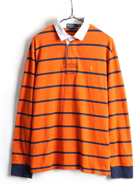 【スーパーSALE 最大半額&P6倍!!】 大きいサイズ XL ■ POLO ポロ ラルフローレン 2トーン ボーダー 長袖 ラガーシャツ ( 男性 メンズ ) 古着 ラグビー ポロシャツ 長袖シャツ| レディース US古着 中古 ラルフ RALPH LAUREN ラグビーシャツ ワンポイント ポニー刺繍 長袖ポ