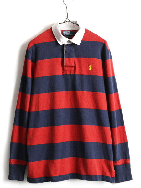 ■ POLO ポロ ラルフローレン 2トーン ボーダー 長袖 ラガーシャツ ( 男性 メンズ L ) 古着 赤 紺 ラグビー 長袖シャツ カスタムフィット| レディース US古着 中古 RALPH LAUREN ラルフ ラグビーシャツ ラガー レッド ネイビー CUSTOMFIT コットンシャツ ワイドボーダー ア