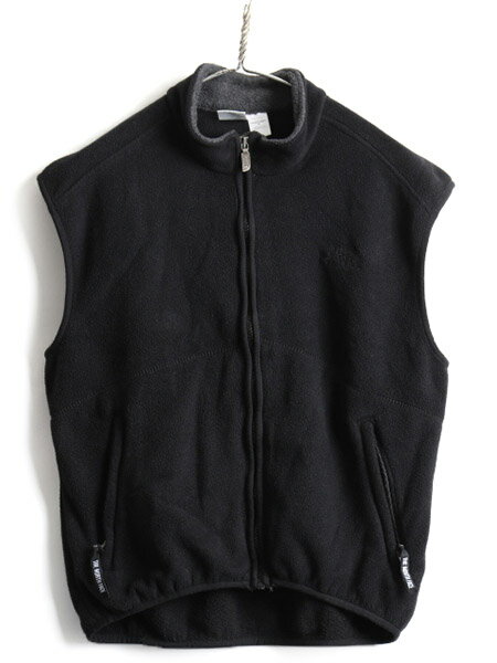 90's USA製 オールド 人気 黒 ■ ノースフェイス フルジップ ハイネック フリース ベスト ( メンズ M ) 古着 The North face ワンポイント | 中古 90年代 男性 アメリカ製 重ね着 ノースリーブ フリースベスト ジップアップ ロゴ刺繍 アウトドア ポケット付き ブラック