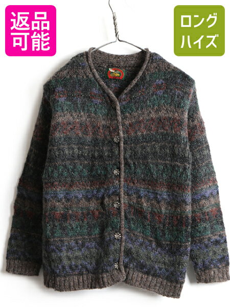 80s USA製 ビンテージ ■ ALPS フェアアイル 総柄 毛長 アクリル モヘア ニット カーディガン ( 女性 レディース M ) 古着 80年代 セーター| US古着 中古 アメリカ製 ニットセーター 長袖ニット 長袖セーター 前開き ニットカーディガン モヘヤ カーデ マルチカラー アメカジのサムネイル