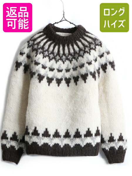 70s 80s ビンテージ アイスランド製 ■ Hilda Ltd ノルディック ウール 長袖 ニット セーター ( レディース M 小さめ S 程) ラウンドヨーク| 古着 中古 女性 70年代 80年代 ニットセーター 長袖セーター 長袖ニット生成り ナチュラル アイボリー プルオーバー モックネックのサムネイル