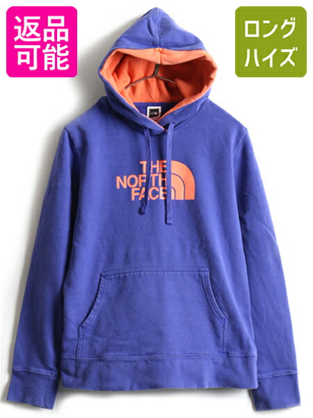 ■ ノースフェイス ビッグ ロゴ プリント 2トーン スウェット フード パーカー ( レディース L ) 古着 トレーナー The North Face 裏起毛| USA古着 中古 ポケット付き プルオーバー スウェットパーカー プリントパーカー フードパーカー ロゴパーカー 女性 ブルー オレンジ