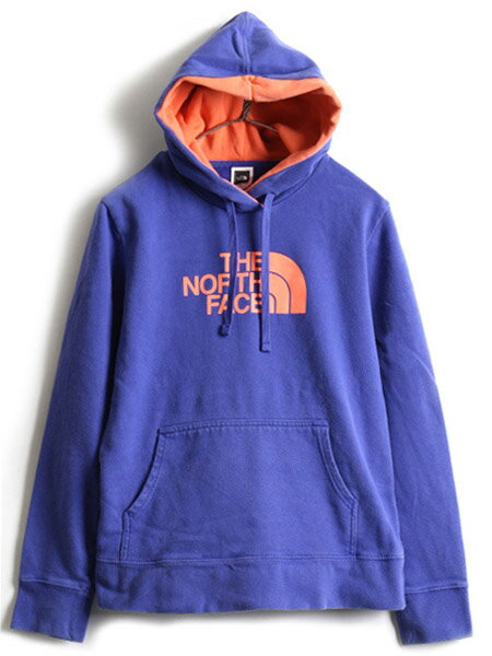 ■ ノースフェイス ビッグ ロゴ プリント 2トーン スウェット フード パーカー ( レディース L ) 古着 トレーナー The North Face 裏起毛| USA古着 中古 ポケット付き プルオーバー スウェットパーカー プリントパーカー フードパーカー ロゴパーカー 女性 ブルー オレンジ