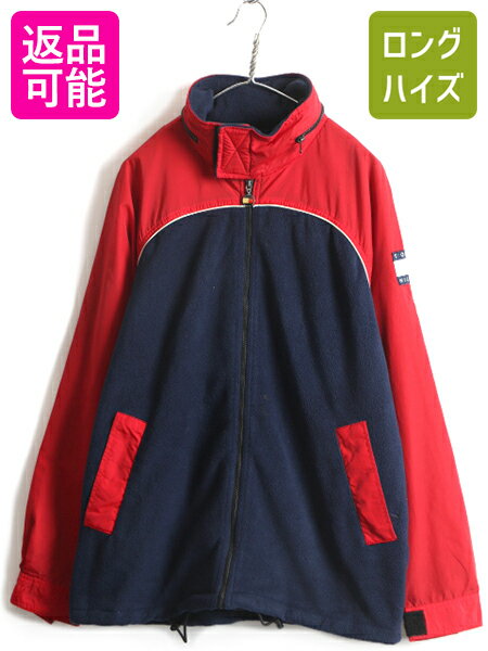 【5/20 6h限定 ポイント8倍!!】 90's ■ TOMMY HILFIGER JEANS フルジップ フリース ナイロン 切替 ジャケット ( メンズ M ) 古着 90年代 収納フード トミーヒルフィガー| 中古 オールド トミー ナイロンジャケット フリースジャケット ジャンパー ブルゾン レッド ネイビー