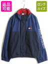 90s 大きいサイズ XL ■ トミーヒルフィガー トリコカラー 切替 ナイロン セーリング ジャケット ( メンズ ) 古着 TOMMY HILFIGER 3色 濃紺 中古 90 039 s 90年代 セーリングギア ナイロンジャケット ウインドブレーカー フード フルジップ ビッグロゴ 袖 刺繍 フラッグ 紺 赤