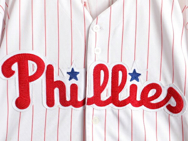 フィア USA製 ( 52 メンズ XL 程) ゲームシャツ| 古着 中古 アメリカ製 Philadelphia Phillies ユニフォーム ベ ■ MLB オフィシャル Majestic フィラデルフィア フィリーズ ストライプ 半袖 ベースボール シャツ ∺れがわかる